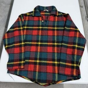 Vintage Plaid Wool Pullover Shirt Red Green Yellow Tartan quarter Button Up